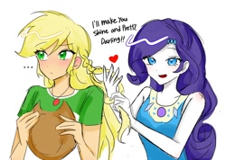 Size: 1106x786 | Tagged: safe, artist:rainbom__1122, derpibooru import, applejack, rarity, human, equestria girls, alternate hairstyle, blushing, braid, dialogue, duo, duo female, female, heart, lesbian, rarijack, rarity peplum dress, shipping, simple background, smiling, white background