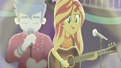 Size: 2000x1120 | Tagged: safe, artist:ktd1993, derpibooru import, edit, edited screencap, screencap, flash sentry, sunset shimmer, better together, cheer you on, equestria girls, let it rain, female, flashimmer, guitar, male, microphone, microphone stand, musical instrument, shipping, straight