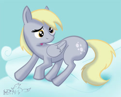 Size: 1000x802 | Tagged: safe, artist:udn-renard, derpibooru import, derpy hooves, pegasus, pony, bubble butt, butt, cloud, female, looking back, mare, on a cloud, open mouth, plot, signature, solo, standing