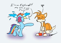 Size: 2048x1431 | Tagged: safe, artist:brogararts, derpibooru import, rainbow dash, fox, amused, ashleigh ball, crying, grammar error, miles "tails" prower, netflix, ocular gushers, show, sonic prime, sonic the hedgehog (series), voice actor joke