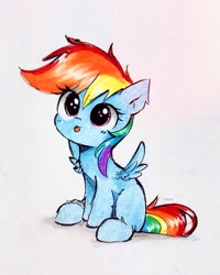 Size: 1565x1959 | Tagged: safe, artist:liaaqila, derpibooru import, rainbow dash, pegasus, pony, :p, blank flank, cute, dashabetes, female, filly, filly rainbow dash, foal, liaaqila is trying to murder us with dashabetes, simple background, sitting, solo, tongue, tongue out, traditional art, white background, younger