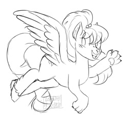 Size: 1024x1024 | Tagged: safe, artist:mysthooves, derpibooru import, oc, oc only, hybrid, pegasus, pony, 2020, ear fluff, ears, female, flying, grayscale, grin, mare, monochrome, paw pads, paws, raised paw, simple background, smiling, solo, spread wings, underpaw, white background, wings