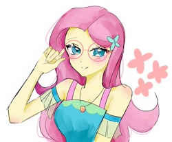 Size: 937x776 | Tagged: safe, artist:rainbom__1122, derpibooru import, fluttershy, human, equestria girls, blushing, female, glasses, looking at you, simple background, smiling, solo, white background