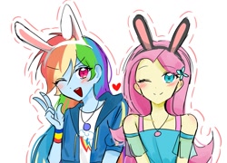 Size: 1147x826 | Tagged: safe, artist:rainbom__1122, derpibooru import, fluttershy, rainbow dash, human, equestria girls, blushing, bunny ears, duo, duo female, eyebrows, eyebrows visible through hair, female, flutterdash, heart, lesbian, looking at you, one eye closed, open mouth, open smile, peace sign, shipping, simple background, smiling, white background, wink, winking at you