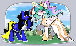 Size: 2140x1300 | Tagged: safe, artist:kitsumebutterfly, derpibooru import, princess celestia, oc, oc:destiny light, alicorn, pony, unicorn, clothes, commission, couple, dress, duo, female, females only, flower, holiday, lesbian, love, mare, pony oc, queen celestia, valentine's day, ych result