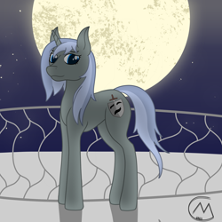 Size: 3200x3200 | Tagged: safe, artist:maître cervidé, derpibooru import, oc, oc only, oc:amygdale, pony, unicorn, balcony, female, high res, horn, looking at you, mare, moon, night, request, shading, signature, smiling, smiling at you, solo, stars, unicorn oc