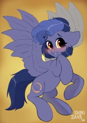 Size: 1388x1971 | Tagged: safe, artist:shinizavr, derpibooru import, oc, oc:phantom (estories), pegasus, pony, blushing, female, mare, rule 63, solo