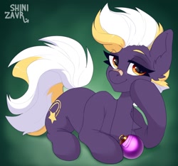 Size: 1706x1597 | Tagged: safe, artist:shinizavr, derpibooru import, oc, oc:wildheart, earth pony, pony, christmas ball, female, lying down, mare, prone, solo