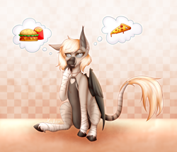 Size: 4000x3425 | Tagged: safe, artist:_xochiti_, derpibooru import, oc, oc:devilvoice, bat pony, pony, bat pony oc, belly, burger, coat markings, dark belly, female, food, leonine tail, partially open wings, pizza, solo, tail, thinking, thought bubble, wings