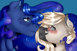 Size: 4500x3000 | Tagged: safe, artist:tina-art, derpibooru import, princess luna, oc, oc:devilvoice, bat pony, bat pony oc, blushing, boop, female