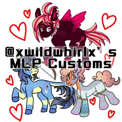 Size: 1500x1500 | Tagged: safe, artist:xwildwhirlx, derpibooru import, oc, oc only, oc:cloudy, oc:slide, oc:venus, earth pony, pegasus, pony, unicorn, advertisement, advertisement in description, advertising, commission, commission info