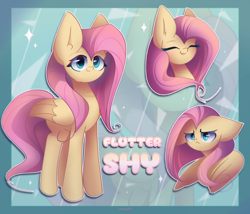 Size: 2400x2050 | Tagged: safe, artist:miryelis, derpibooru import, fluttershy, pegasus, pony, bust, cute, full body, long hair, looking at you, scared, shyabetes, signature, simple background, smiling, smiling at you, solo, standing, text, wings