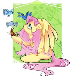 Size: 1600x1600 | Tagged: safe, artist:julie, derpibooru import, fluttershy, bird, butterfly, pegasus, pony, animal, butterfly on hoof, cute, ears, female, floppy ears, looking at someone, looking up, mare, partial background, partially open wings, profile, raised hoof, raised leg, sitting, smiling, solo, wings