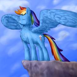 Size: 2160x2160 | Tagged: safe, alternate version, artist:callichrome, derpibooru import, rainbow dash, pegasus, pony, chest fluff, eyes closed, female, majestic, mare, peaceful, spread wings, wind, wings