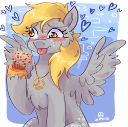 Size: 2048x2033 | Tagged: safe, artist:dmitrymemovznok, derpibooru import, derpy hooves, pegasus, pony, :p, blushing, chest fluff, food, freckles, heart, sitting, spread wings, tongue, tongue out, wings