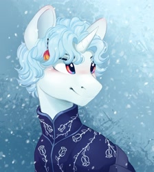 Size: 2599x2907 | Tagged: safe, artist:melodylibris, derpibooru import, oc, oc only, pony, unicorn, blushing, bust, clothes, ear blush, head turned, male, smiling, snow, snowfall, solo, stallion