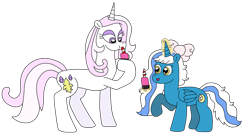 Size: 3125x1696 | Tagged: safe, artist:supahdonarudo, derpibooru import, fleur-de-lis, oc, oc:fleurbelle, alicorn, unicorn, bubble tea, concave belly, height difference, holding, levitation, magic, physique difference, raised hoof, raised leg, simple background, slim, telekinesis, thin, transparent background