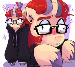 Size: 1280x1137 | Tagged: safe, artist:dmitrymemovznok, derpibooru import, moondancer, pony, unicorn, bags under eyes, blushing, clothes, ear piercing, female, glasses, hoodie, mare, piercing, solo, teary eyes, unshorn fetlocks