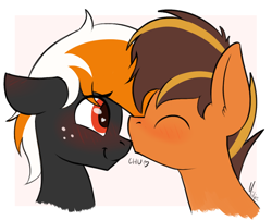 Size: 1182x955 | Tagged: safe, artist:ponynamedmixtape, derpibooru import, oc, oc only, oc:mixtape, oc:se, earth pony, freckles, gay, kissing, male, nose kiss