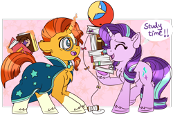 Size: 1550x1030 | Tagged: safe, artist:twittershy, derpibooru import, starlight glimmer, sunburst, pony, unicorn, book, chest fluff, cute, duo, eyes closed, female, glimmerbetes, hoof hold, kite, levitation, looking at each other, looking at someone, magic, male, mare, open mouth, open smile, smiling, smiling at each other, stallion, studying, telekinesis, that pony sure does love kites, unshorn fetlocks