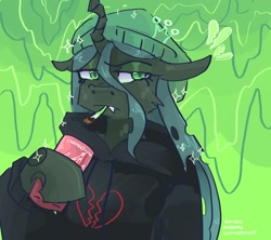 Size: 2048x1820 | Tagged: safe, artist:dmitrymemovznok, derpibooru import, queen chrysalis, anthro, changeling, clothes, fangs, frown, heart, smoking, solo