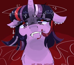 Size: 2048x1820 | Tagged: safe, artist:dmitrymemovznok, derpibooru import, twilight sparkle, unicorn twilight, pony, unicorn, bat wings, blood, circling stars, dizzy, fangs, solo, wings