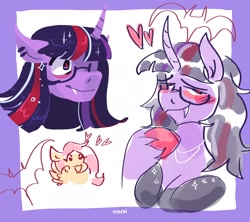 Size: 2048x1820 | Tagged: safe, artist:dmitrymemovznok, derpibooru import, fluttershy, twilight sparkle, anthro, pegasus, pony, unicorn, breasts, fangs, female, glasses, heart, lesbian, shipping, solo, twishy