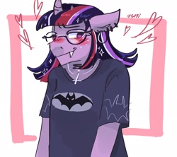 Size: 2048x1820 | Tagged: safe, artist:dmitrymemovznok, derpibooru import, twilight sparkle, unicorn twilight, anthro, unicorn, blushing, clothes, ear piercing, fangs, glasses, heart, piercing, solo