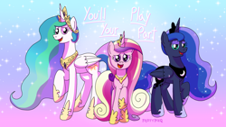 Size: 1920x1080 | Tagged: safe, artist:fruiitypieq, artist:shycookieq, derpibooru import, princess cadance, princess celestia, princess luna, alicorn, pony, crown, female, gradient background, jewelry, open mouth, regalia, sparkles, trio