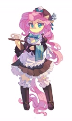 Size: 2464x4096 | Tagged: safe, artist:saxopi, derpibooru import, fluttershy, pegasus, semi-anthro, clothes, cup, female, hat, looking at you, maid, mare, serving tray, shoes, simple background, socks, solo, white background