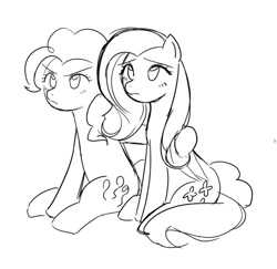 Size: 703x683 | Tagged: safe, artist:rainbom__1122, derpibooru import, fluttershy, pinkie pie, earth pony, pegasus, pony, angry, black and white, duo, female, grayscale, hoof around neck, mare, monochrome, simple background, sketch, white background