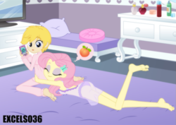 Size: 933x662 | Tagged: safe, artist:excelso36, fluttershy, oc, oc:cherish lynne, human, equestria girls, barefoot, bed, bedroom, butt grab, cellphone, clothes, commissioner:shortskirtsandexplosions, crossdressing, eyes closed, feet, femboy, fluttershy likes femboys, girly, holding, pajamas, see-through, sissy, surprised, underwear
