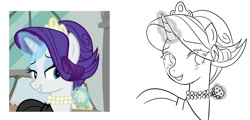 Size: 1025x491 | Tagged: safe, artist:rainbom__1122, derpibooru import, rarity, pony, unicorn, the gift of the maud pie, alternate hairstyle, female, glowing, glowing horn, horn, jewelry, mare, necklace, redraw, screencap reference, simple background, sketch, smiling, solo, white background