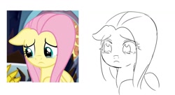 Size: 1141x621 | Tagged: safe, artist:rainbom__1122, derpibooru import, fluttershy, pegasus, pony, the beginning of the end, ears, female, floppy ears, frown, mare, redraw, sad, screencap reference, simple background, sketch, solo, teary eyes, white background