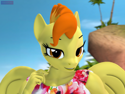 Size: 2880x2160 | Tagged: safe, artist:antonsfms, derpibooru import, spitfire, anthro, pegasus, 3d, alternate hairstyle, beach, clothes, commission, commissioner:lotsofcaps, day, eyelashes, female, folded wings, hair, hairstyle, high res, looking at you, makeup, necktie, outdoors, palm tree, smiling, smiling at you, solo, source filmmaker, suit, tree, wings