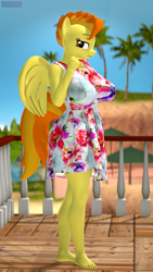 Size: 2160x3840 | Tagged: safe, artist:antonsfms, derpibooru import, spitfire, anthro, pegasus, plantigrade anthro, 3d, alternate hairstyle, barefoot, beach, breasts, clothes, commission, commissioner:lotsofcaps, day, dress, eyelashes, feet, female, folded wings, hair, hairstyle, high res, looking at you, makeup, necktie, outdoors, palm tree, smiling, smiling at you, solo, source filmmaker, suit, sundress, titfire, toes, tree, wings