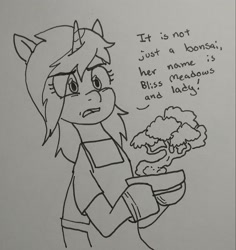 Size: 2073x2200 | Tagged: safe, artist:pony quarantine, derpibooru import, oc, oc:pine shine, pony, unicorn, apron, bonsai, clothes, dialogue, eye clipping through hair, female, grayscale, hoof gloves, hoof hold, mare, monochrome, offended, solo, talking to viewer, traditional art