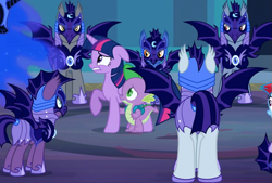Size: 899x606 | Tagged: safe, derpibooru import, screencap, nightmare moon, rainbow dash, spike, twilight sparkle, twilight sparkle (alicorn), alicorn, bat pony, dragon, pony, the cutie re-mark, alternate hairstyle, alternate timeline, armor, backpack, castle of the royal pony sisters, chestplate, colored eyelashes, ears, ears back, ethereal hair, ethereal mane, ethereal tail, ever dusk, eye contact, eyeshadow, female, floppy ears, folded wings, frown, glare, gritted teeth, helmet, hoof shoes, horn, ink eclipse, jewelry, looking at each other, looking at someone, makeup, mare, moody blue, moonmist, night guard, night guard dash, nightmare takeover timeline, peytral, raised hoof, raised leg, regalia, royal guard, slit eyes, spread wings, starry hair, starry mane, starry tail, tail, teeth, toxicwind, wide eyes, wings