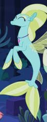 Size: 221x576 | Tagged: safe, derpibooru import, screencap, seapony (g4), surf and/or turf, aqua fizz, background sea pony, colored pupils, cropped, eyes closed, eyeshadow, female, fin wings, fins, fish tail, jewelry, makeup, male, mare, necklace, ocean, seaquestria, smiling, solo, solo focus, tail, underwater, water, wings