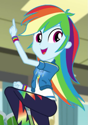 Size: 425x599 | Tagged: safe, derpibooru import, screencap, rainbow dash, human, better together, equestria girls, overpowered (equestria girls), cropped, eyebrows, female, geode of super speed, glowing, magical geodes, open mouth, open smile, raised leg, smiling, solo