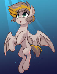 Size: 2208x2880 | Tagged: safe, artist:siroc, derpibooru import, oc, oc only, pegasus, pony, belly, blue background, brown mane, bubble, concave belly, crepuscular rays, digital art, green eyes, looking up, male, ocean, open mouth, simple background, slim, solo, spread wings, stallion, sunlight, swimming, thin, underwater, water, wings