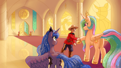 Size: 3840x2160 | Tagged: safe, artist:swordsmen, derpibooru import, princess celestia, princess luna, oc, alicorn, human, pony, unicorn, carpet, ceiling, commission, cutie mark, ethereal mane, flowing mane, guard, hallway, moon, outfit, pillar, royal guard, spread wings, starry mane, sun, throne room, wings