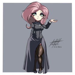 Size: 1000x1000 | Tagged: safe, artist:nlhetfield, derpibooru import, fluttershy, human, breasts, clothes, dress, eyeshadow, female, fluttergoth, gothic, hootershy, humanized, light skin, looking at you, makeup, no pupils, signature, simple background, solo, stockings, thigh highs, wide hips