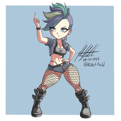 Size: 1000x1000 | Tagged: safe, artist:nlhetfield, derpibooru import, rarity, human, alternate hairstyle, belly button, big breasts, boots, breasts, cleavage, clothes, cutie mark on human, fishnets, hand on hip, humanized, light skin, middle finger, panties, punk, raripunk, raritits, shoes, simple background, studded bracelet, thong, underwear, vulgar, wide hips