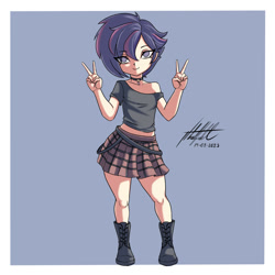 Size: 1000x1000 | Tagged: safe, artist:nlhetfield, derpibooru import, twilight sparkle, human, alternate hairstyle, boots, clothes, eye clipping through hair, humanized, light skin, no pupils, off shoulder, peace sign, plaid skirt, punk, punklight sparkle, shoes, simple background, skirt, solo