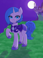 Size: 3500x4770 | Tagged: safe, artist:lilithnightstar, derpibooru import, oc, oc only, oc:ariana fil, pony, unicorn, armor, canterlot, canterlot castle, grass, grass field, horn, moon, moonlight, night, night guard, night guard armor, outdoors, smiling, solo, stars, unicorn oc