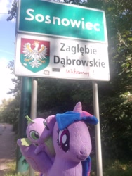 Size: 3024x4032 | Tagged: safe, artist:kuba18i, derpibooru import, spike, twilight sparkle, twilight sparkle (alicorn), alicorn, dragon, pony, dragons riding ponies, irl, outdoors, photo, plushie, poland, polish, ponies in real life, pony plushie, riding, road, road sign, sosnowiec, tree