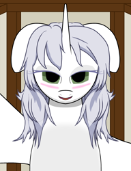 Size: 2000x2600 | Tagged: safe, derpibooru import, oc, oc:κασσάνδρα, alicorn, pony, alicorn oc, blushing, female, horn, looking at you, offscreen character, pov, solo, wings