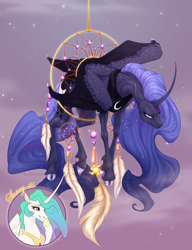 Size: 2000x2600 | Tagged: safe, alternate version, artist:dementra369, derpibooru import, princess celestia, princess luna, alicorn, pony, angry, annoyed, cloven hooves, colored, commissioner:shaddar, curved horn, cute, dream walker luna, dreamcatcher, dreamcaught luna, feather, female, flowing mane, folded wings, funny, furrowed brow, horn, hybrid wings, luna is not amused, lunabetes, mare, missing accessory, peytral, royal sisters, siblings, sisters, stuck, unamused, unshorn fetlocks, wings