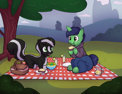 Size: 4000x3087 | Tagged: safe, artist:zombineko, derpibooru import, oc, oc only, oc:swift brush, oc:zenawa skunkpony, hybrid, skunk, skunk pony, unicorn, basket, best friends, chewing, clothes, colt, denim, diaper, diaper butt, diaper under clothes, drinking glass, duo, duo male, eating, foal, food, high res, hoodie, hoof hold, horn, hybrid oc, incontinent, juice, lemonade, looking at each other, looking at someone, lying down, male, outdoors, pants, peanut butter and jelly, picnic, picnic basket, picnic blanket, pitcher, prone, raised tail, salad, sandwich, sitting, smiling, smiling at each other, tail, talking, tree, unicorn oc
